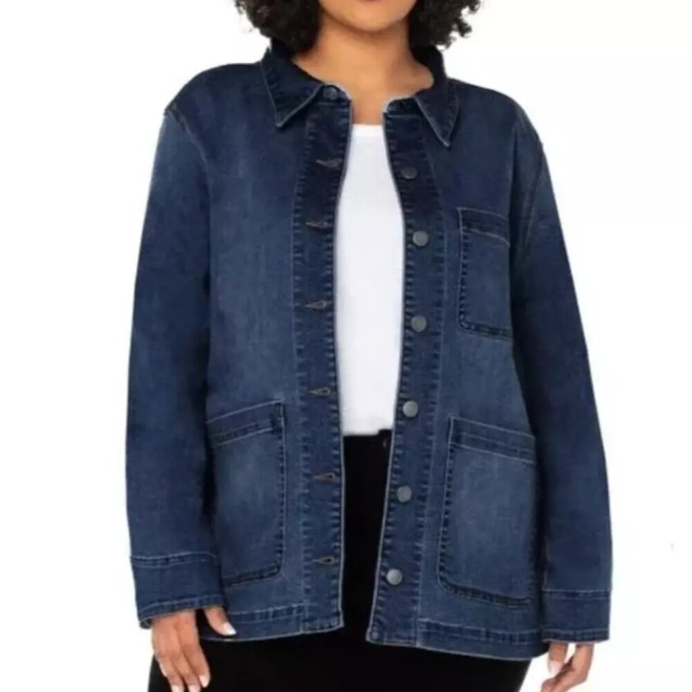 Well Worn Women's Denim Chore Jacket, Comfort Stretch, Heavyweight, Dark Blue
